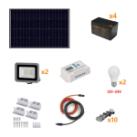 KIT FOTOVOLTAICO 160W A ISOLA PANNELLO 160W REGOLATORE DI CARICA 20A 4 BATTERIE 2 LAMPADINE 2 FARETTI STAFFE E PROLUNGHE