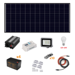 KIT FOTOVOLTAICO 200W A ISOLA PANNELLO 200W REGOLATORE DI CARICA 20A 4 BATTERIE 1 LAMPADINA 1 FARETTO INVERTER 300W STAFFE E PROLUNGHE