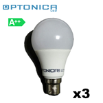 3 LAMPADINE LED A65 12W = 96W B22 LUCE FREDDA 6000K 960LM OPTONICA